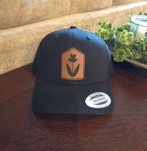 Leather Iris Patch Hat (black, brown)