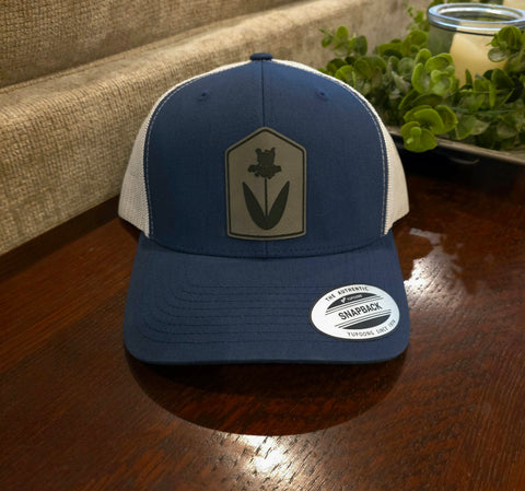 Leather Iris Patch Hat (blue, gray)