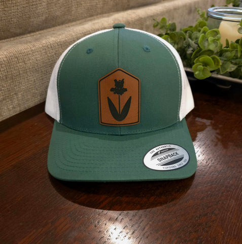 Leather Iris Patch Hat (green, brown)