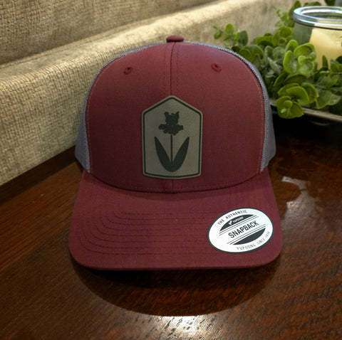 Leather Iris Patch Hat (burgundy, gray)